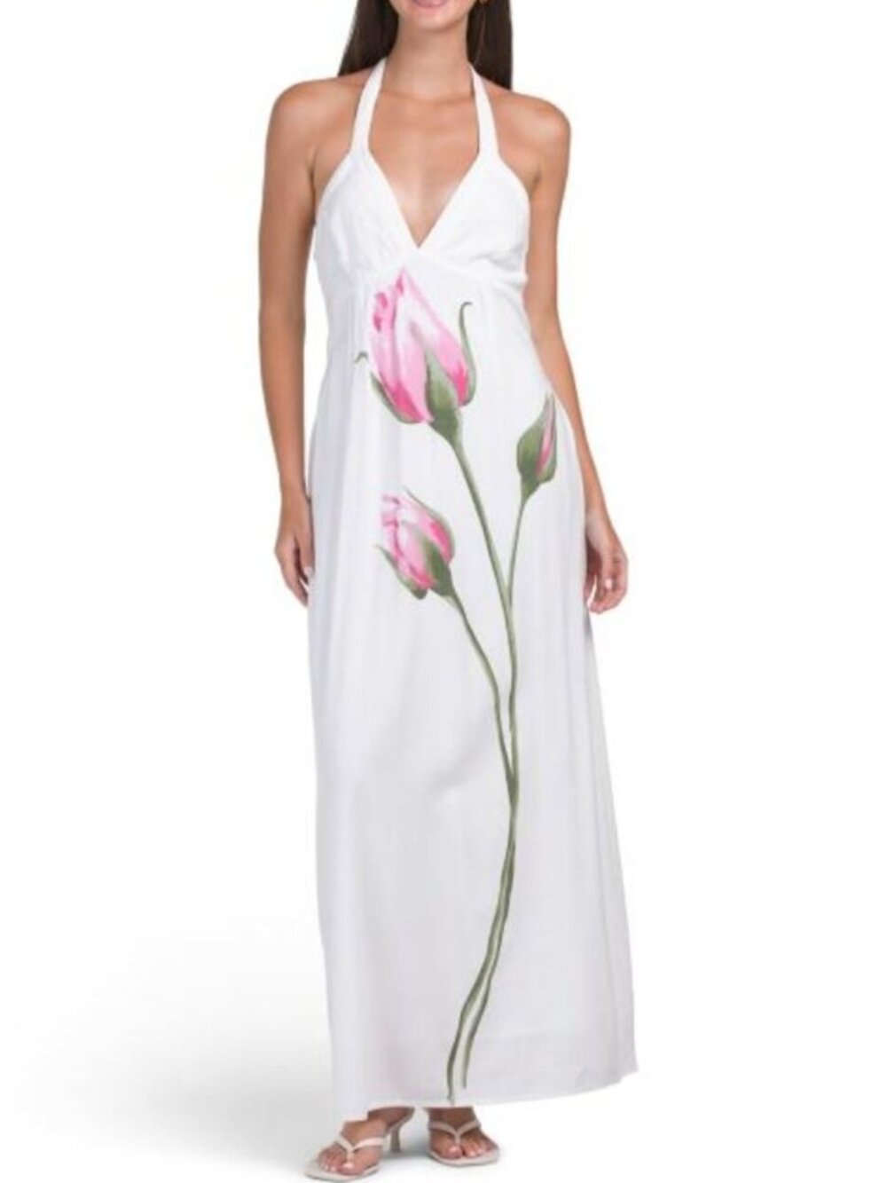 MIDNIGHT SKY Linen Blend Placed Floral Print Halter Maxi Dress